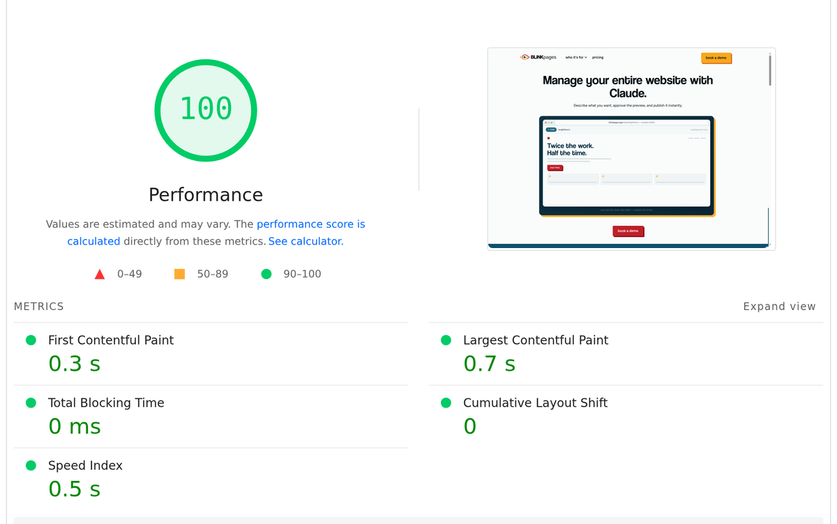 PageSpeed Insights desktop report for blinkpages.ai: Performance 100 with all metrics green, including a 0.7 second Largest Contentful Paint and zero layout shift